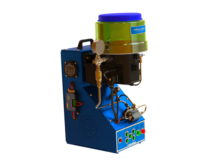 Ultra-Flow A2 Pump Simulator test stand with reservoir, pump, pressure gauge, divider block and fault-injection panel