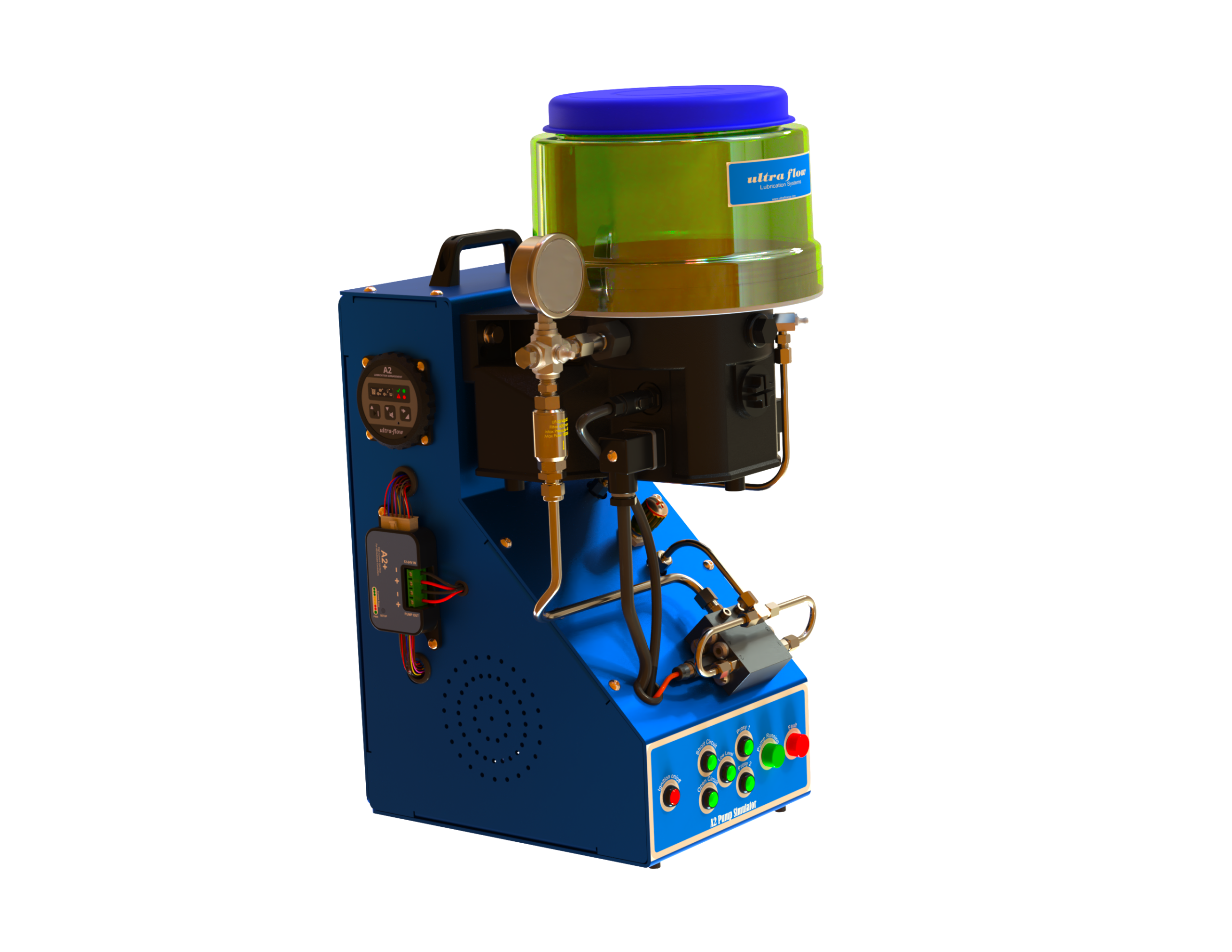 Ultra-Flow A2 Pump Simulator test stand with reservoir, pump, pressure gauge, divider block and fault-injection panel